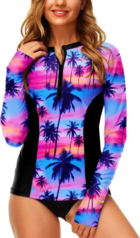 AOBUTE Women Zip Rash Guard UPF 50  Surf Swim Shirts with Thumb Hole