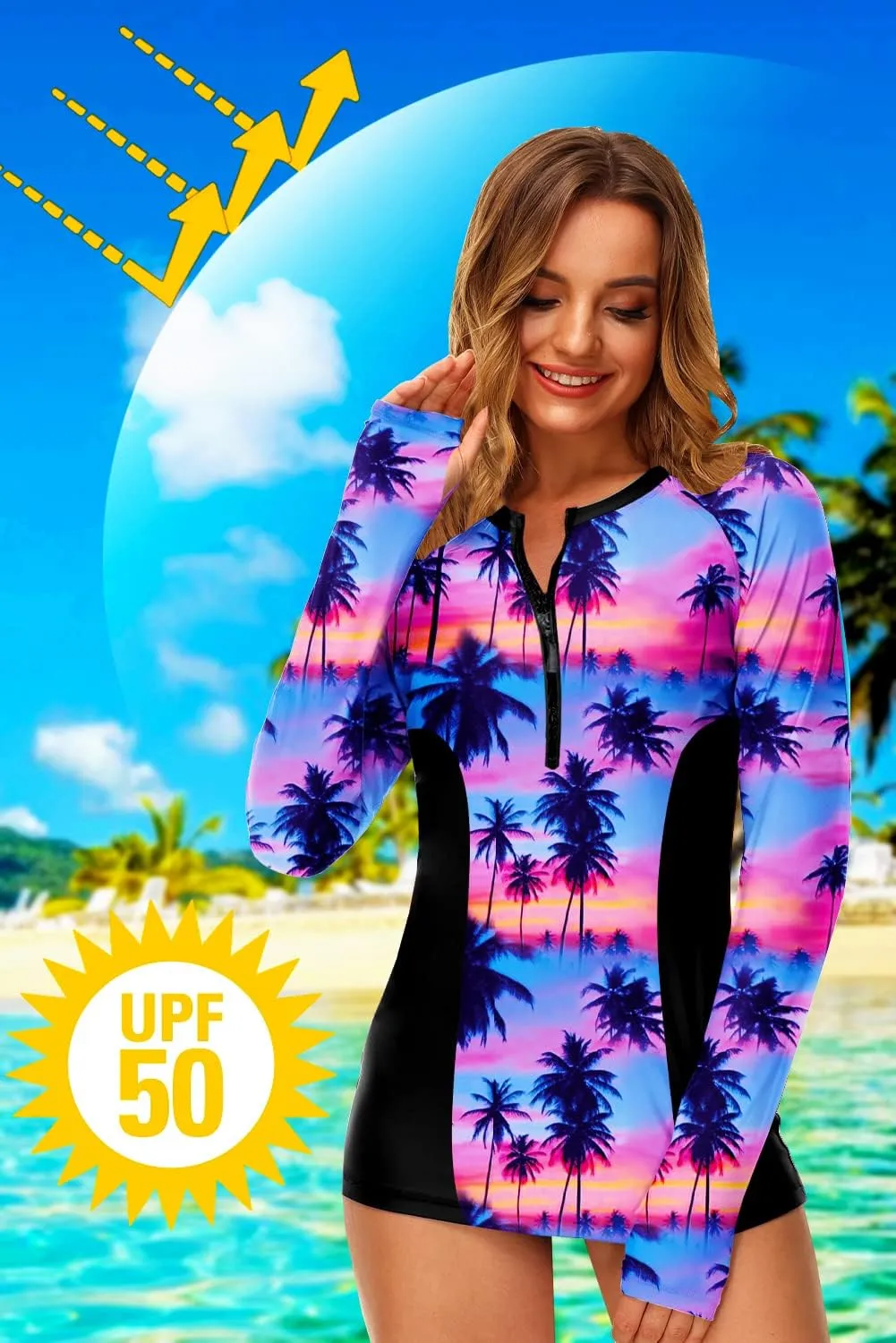AOBUTE Women Zip Rash Guard UPF 50  Surf Swim Shirts with Thumb Hole