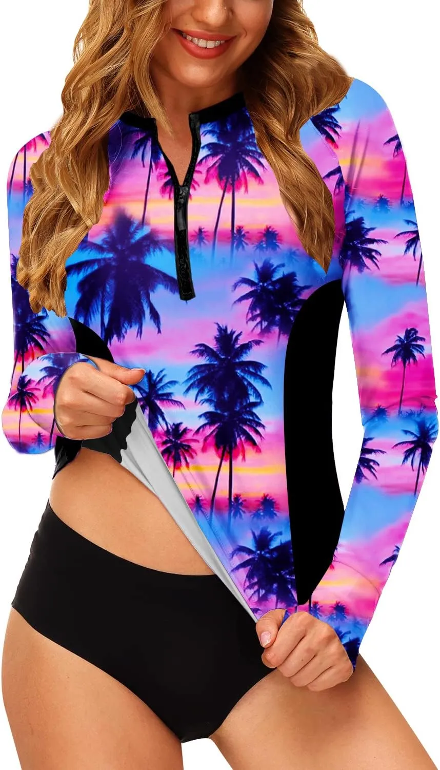 AOBUTE Women Zip Rash Guard UPF 50  Surf Swim Shirts with Thumb Hole
