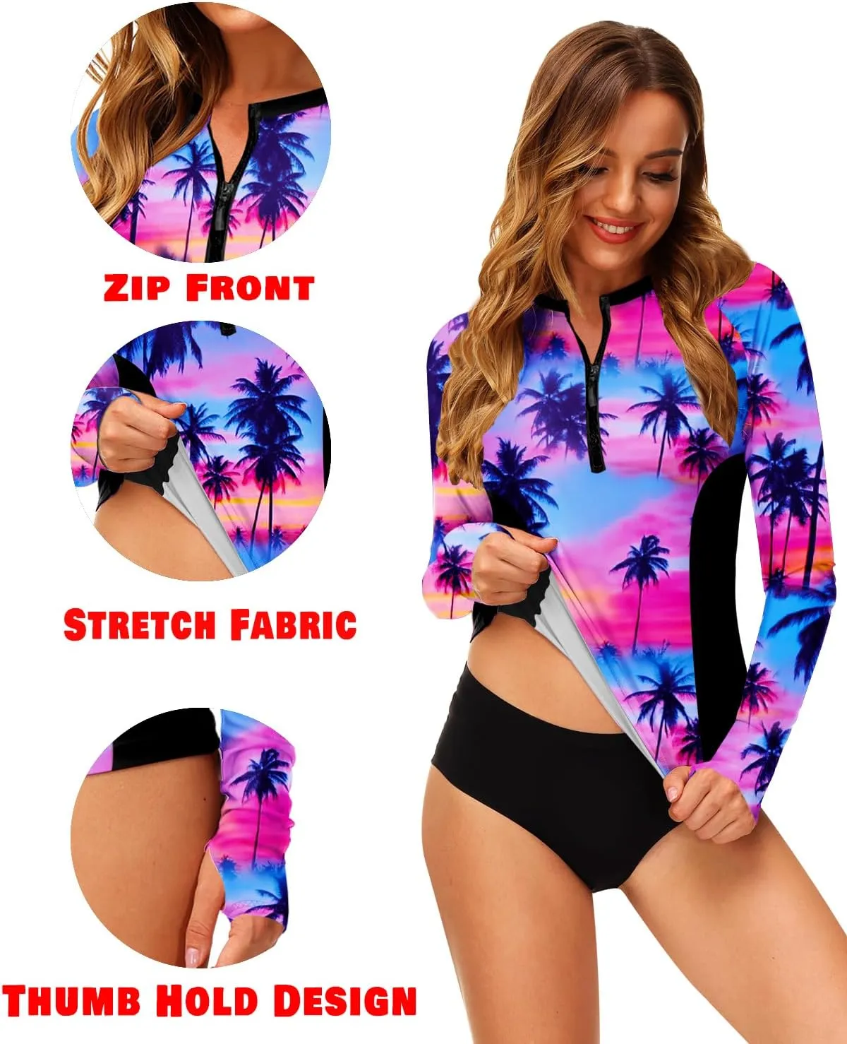 AOBUTE Women Zip Rash Guard UPF 50  Surf Swim Shirts with Thumb Hole