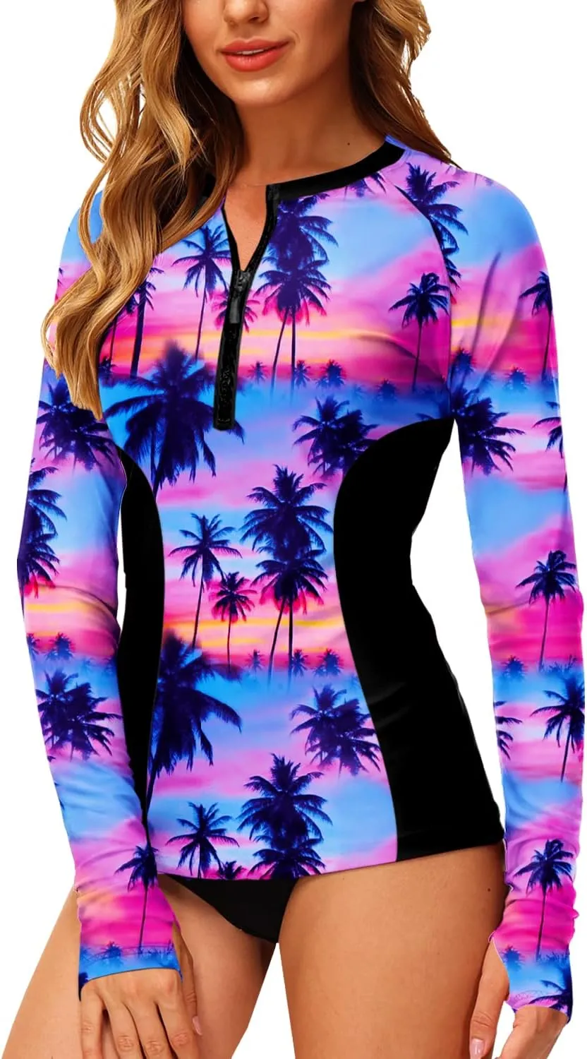 AOBUTE Women Zip Rash Guard UPF 50  Surf Swim Shirts with Thumb Hole