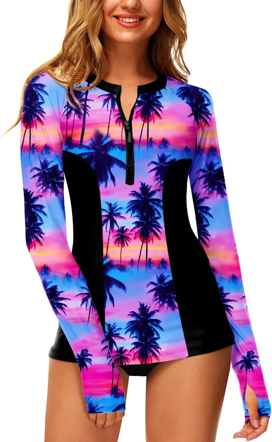 AOBUTE Women Zip Rash Guard UPF 50  Surf Swim Shirts with Thumb Hole
