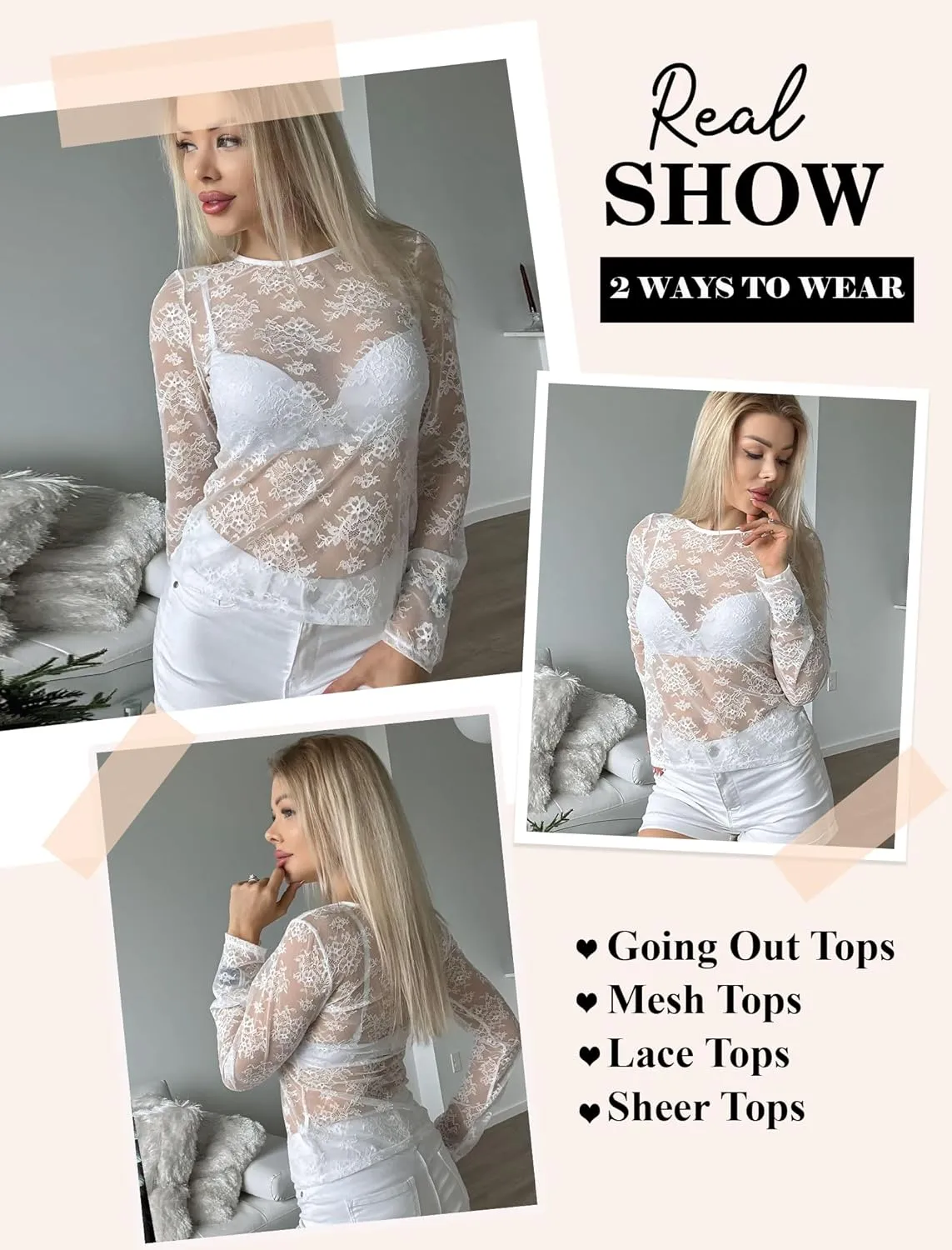Avidlove Lace Mesh Top for Women Long Sleeve Crew Neck Sheer Blouse See Through Floral Lace Tops