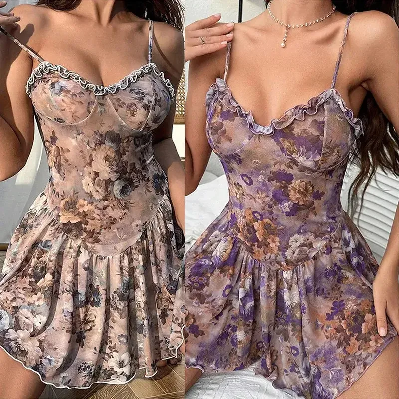 Babydolls Floral pleated camisole short skirt and nightgown Women pajama lingerie