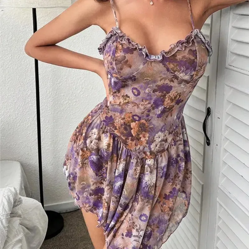 Babydolls Floral pleated camisole short skirt and nightgown Women pajama lingerie