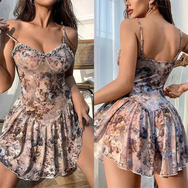 Babydolls Floral pleated camisole short skirt and nightgown Women pajama lingerie