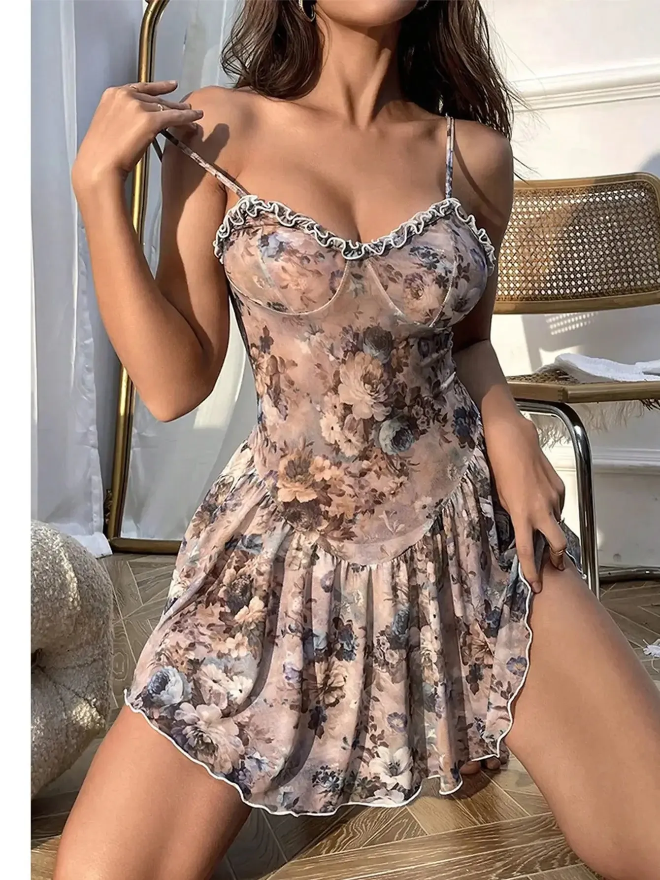 Babydolls Floral pleated camisole short skirt and nightgown Women pajama lingerie