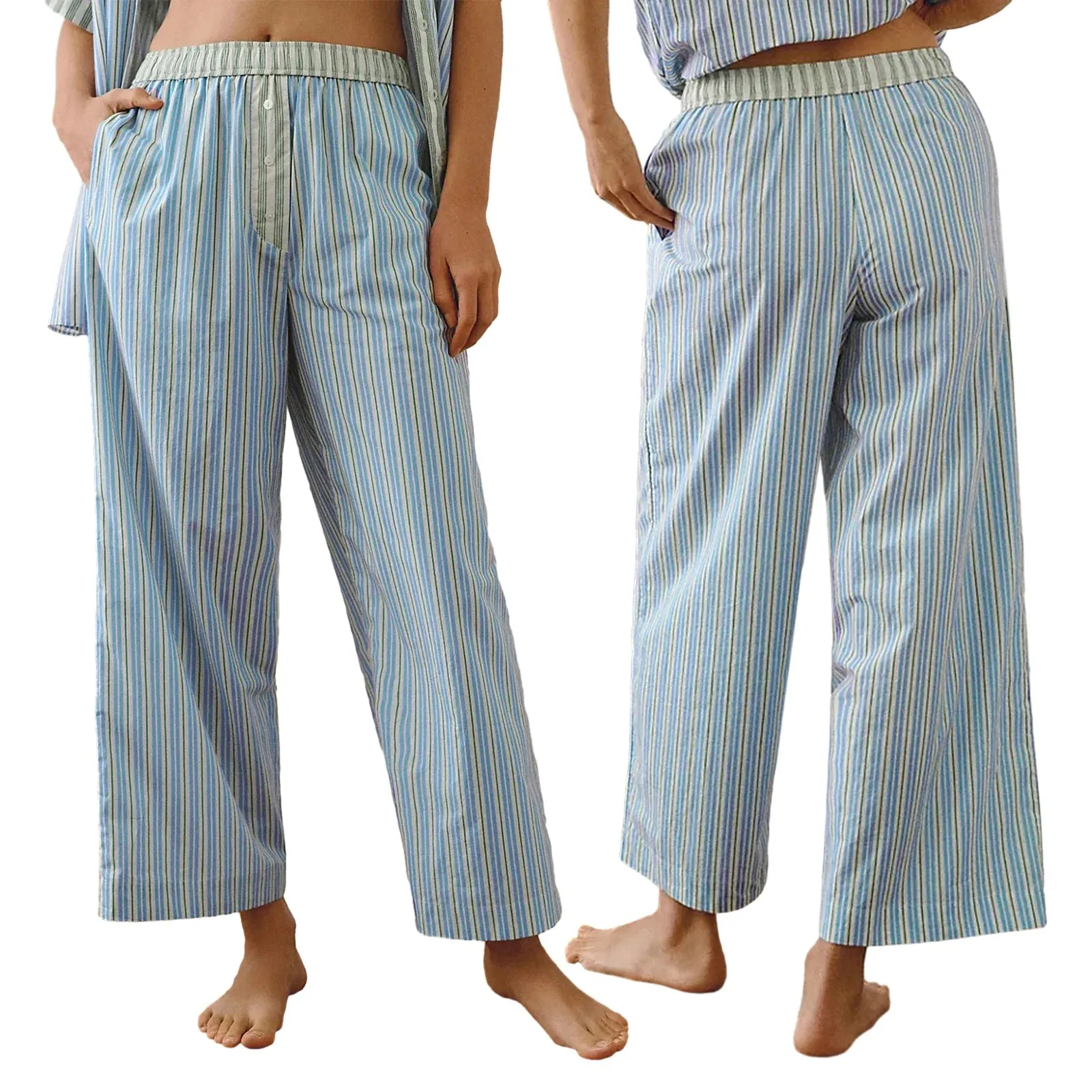 Back To School Joskaa Women's Y2K Pajama Long Pants Button Elastic Waist Striped Wide Leg Pants Loose Casual Lounge Bottoms Sleepwear