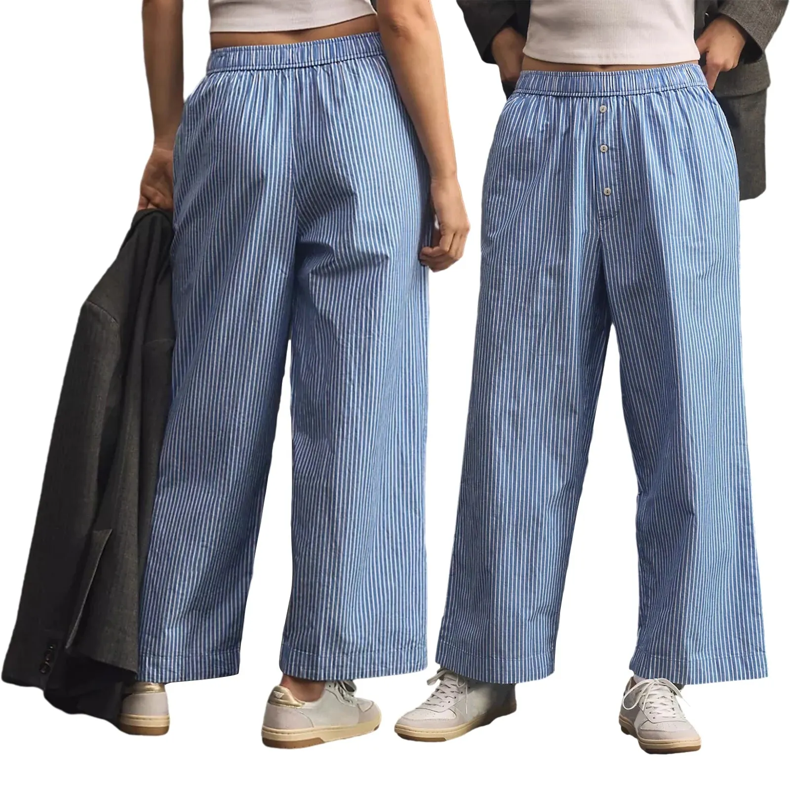 Back To School Joskaa Women's Y2K Pajama Long Pants Button Elastic Waist Striped Wide Leg Pants Loose Casual Lounge Bottoms Sleepwear