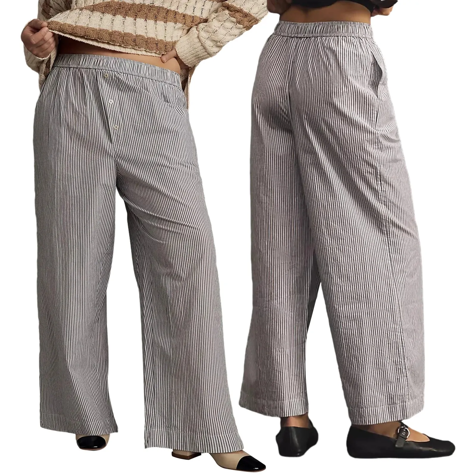 Back To School Joskaa Women's Y2K Pajama Long Pants Button Elastic Waist Striped Wide Leg Pants Loose Casual Lounge Bottoms Sleepwear