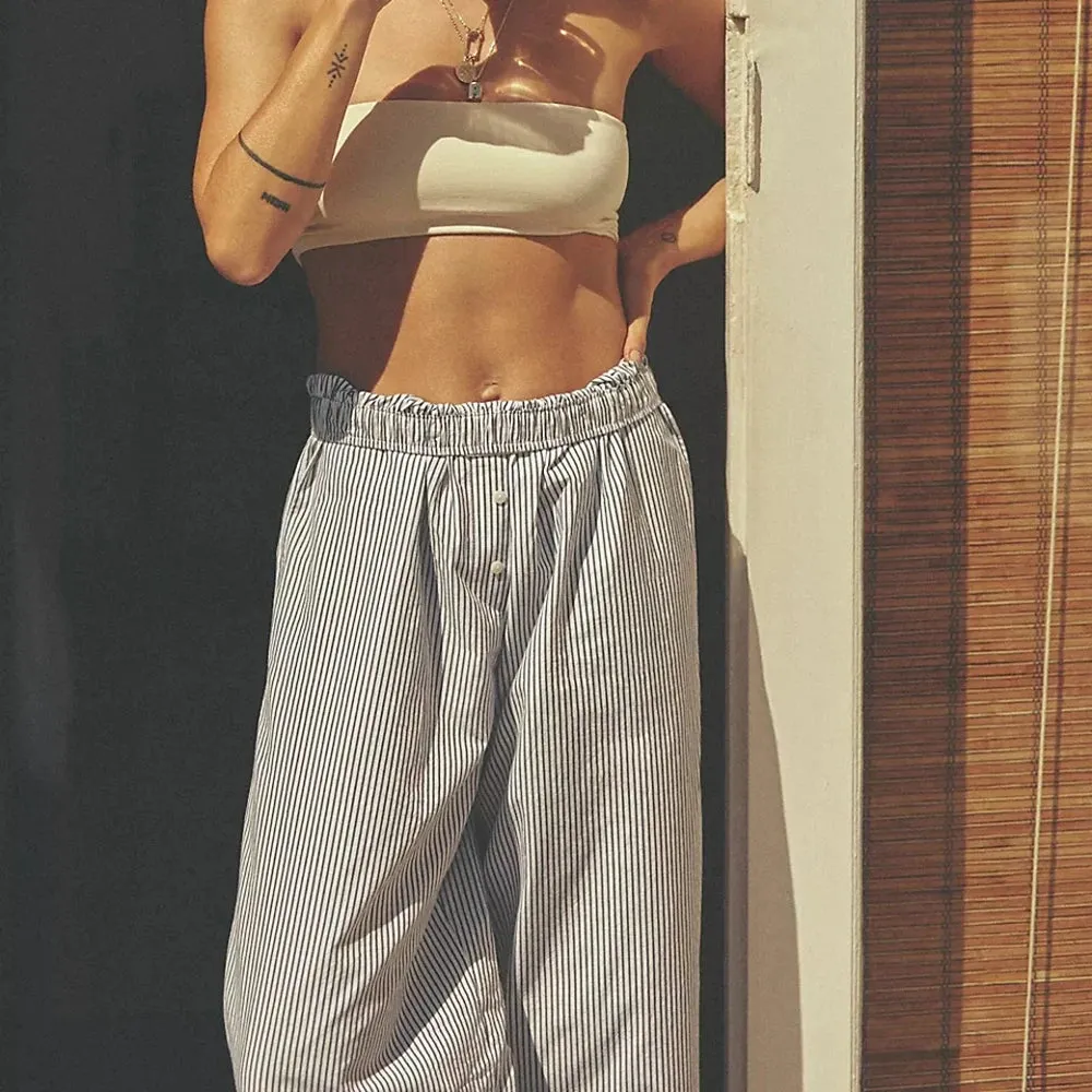 Back To School Joskaa Women's Y2K Pajama Long Pants Button Elastic Waist Striped Wide Leg Pants Loose Casual Lounge Bottoms Sleepwear
