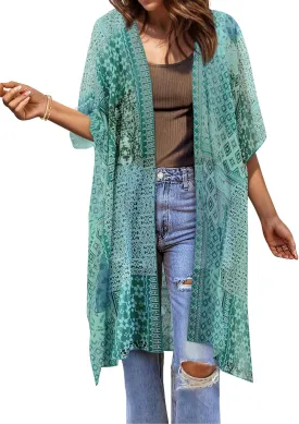 BB&KK Women Kimono Cardigans Casual Summer Tops Beach Cover up Open Front Floral Print Chiffon Loose Bikini Cover Ups