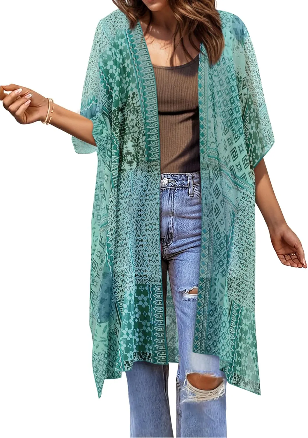 BB&KK Women Kimono Cardigans Casual Summer Tops Beach Cover up Open Front Floral Print Chiffon Loose Bikini Cover Ups