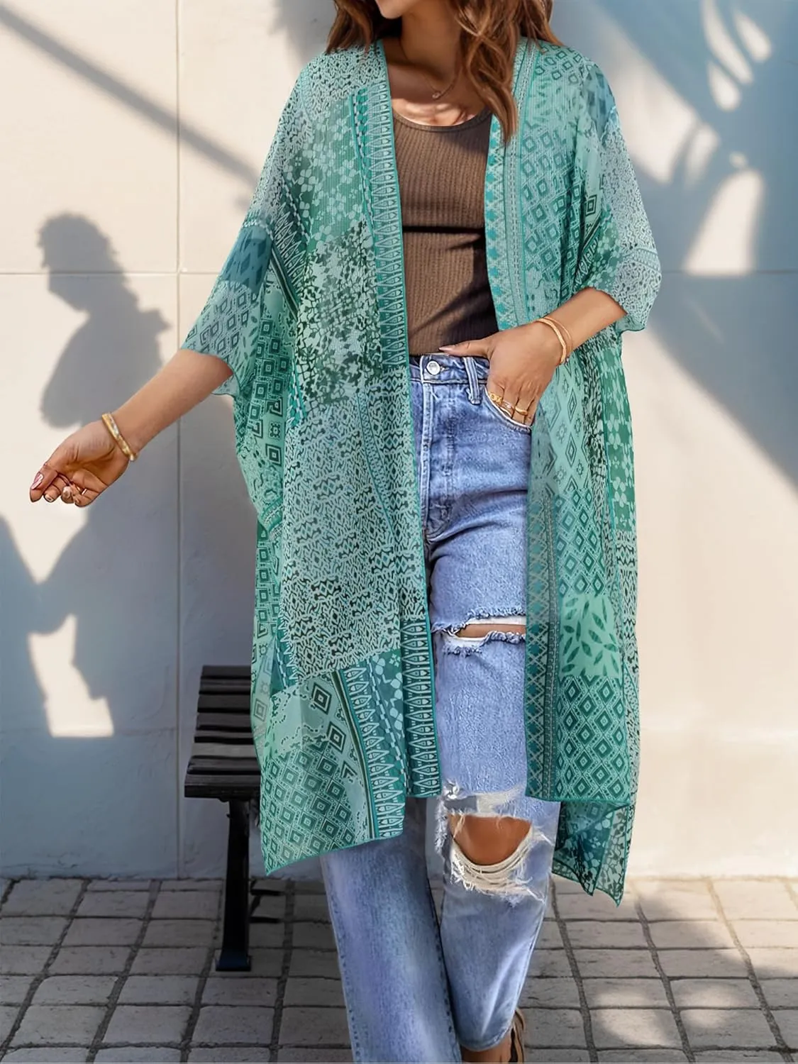 BB&KK Women Kimono Cardigans Casual Summer Tops Beach Cover up Open Front Floral Print Chiffon Loose Bikini Cover Ups