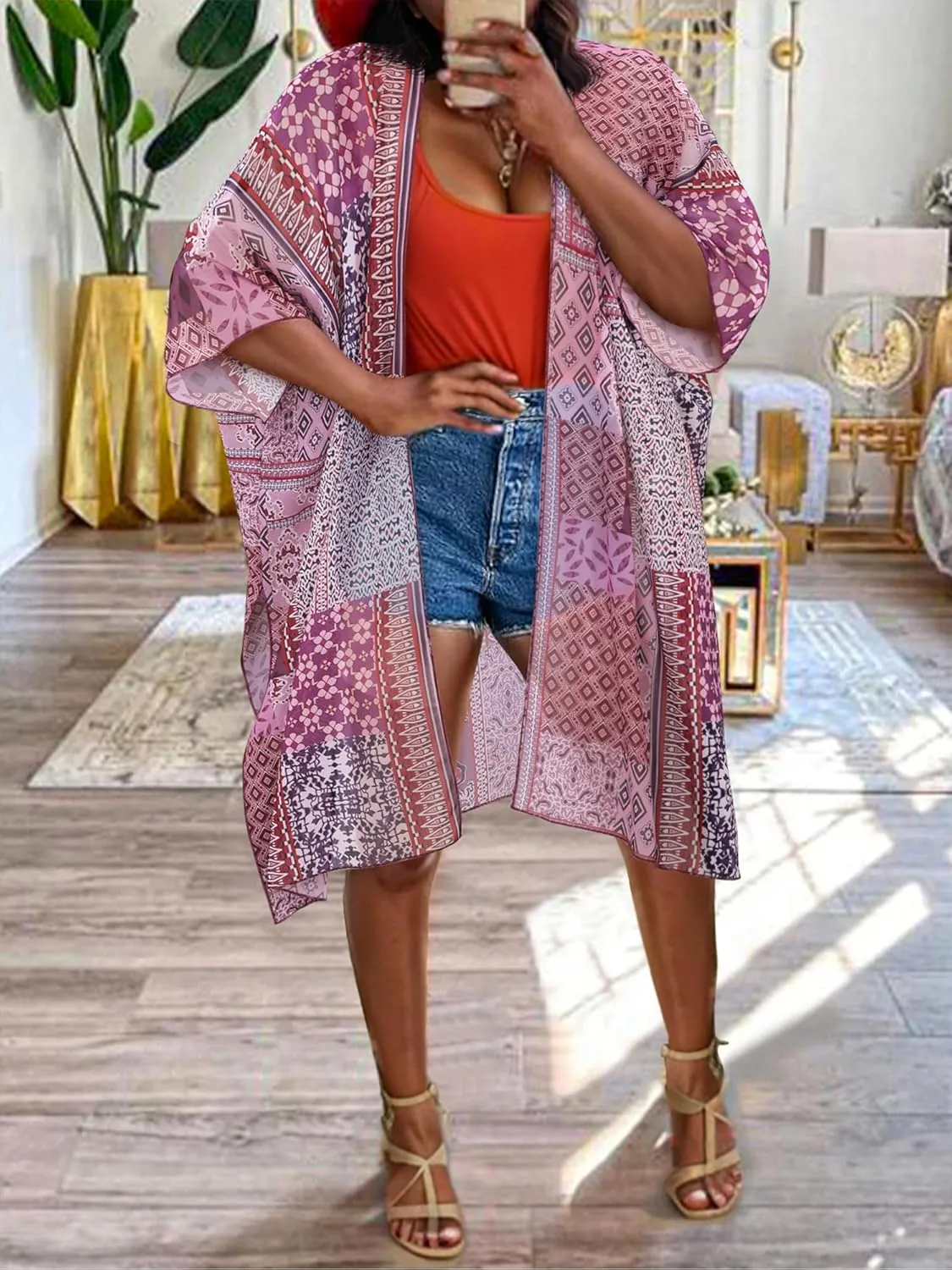 BB&KK Women Kimono Cardigans Casual Summer Tops Beach Cover up Open Front Floral Print Chiffon Loose Bikini Cover Ups