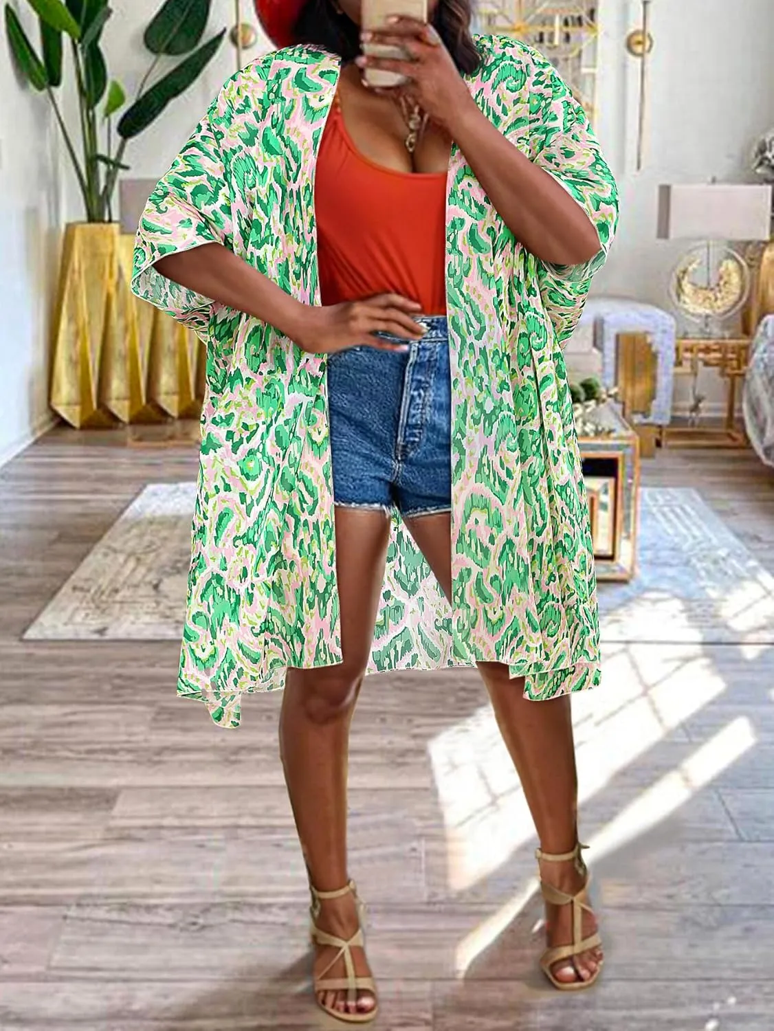 BB&KK Women Kimono Cardigans Casual Summer Tops Beach Cover up Open Front Floral Print Chiffon Loose Bikini Cover Ups
