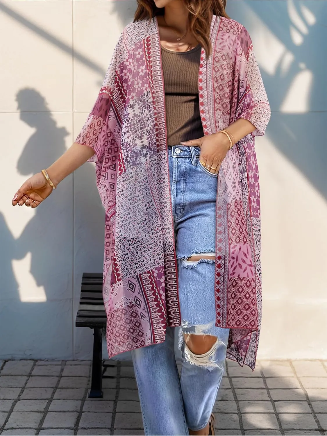 BB&KK Women Kimono Cardigans Casual Summer Tops Beach Cover up Open Front Floral Print Chiffon Loose Bikini Cover Ups