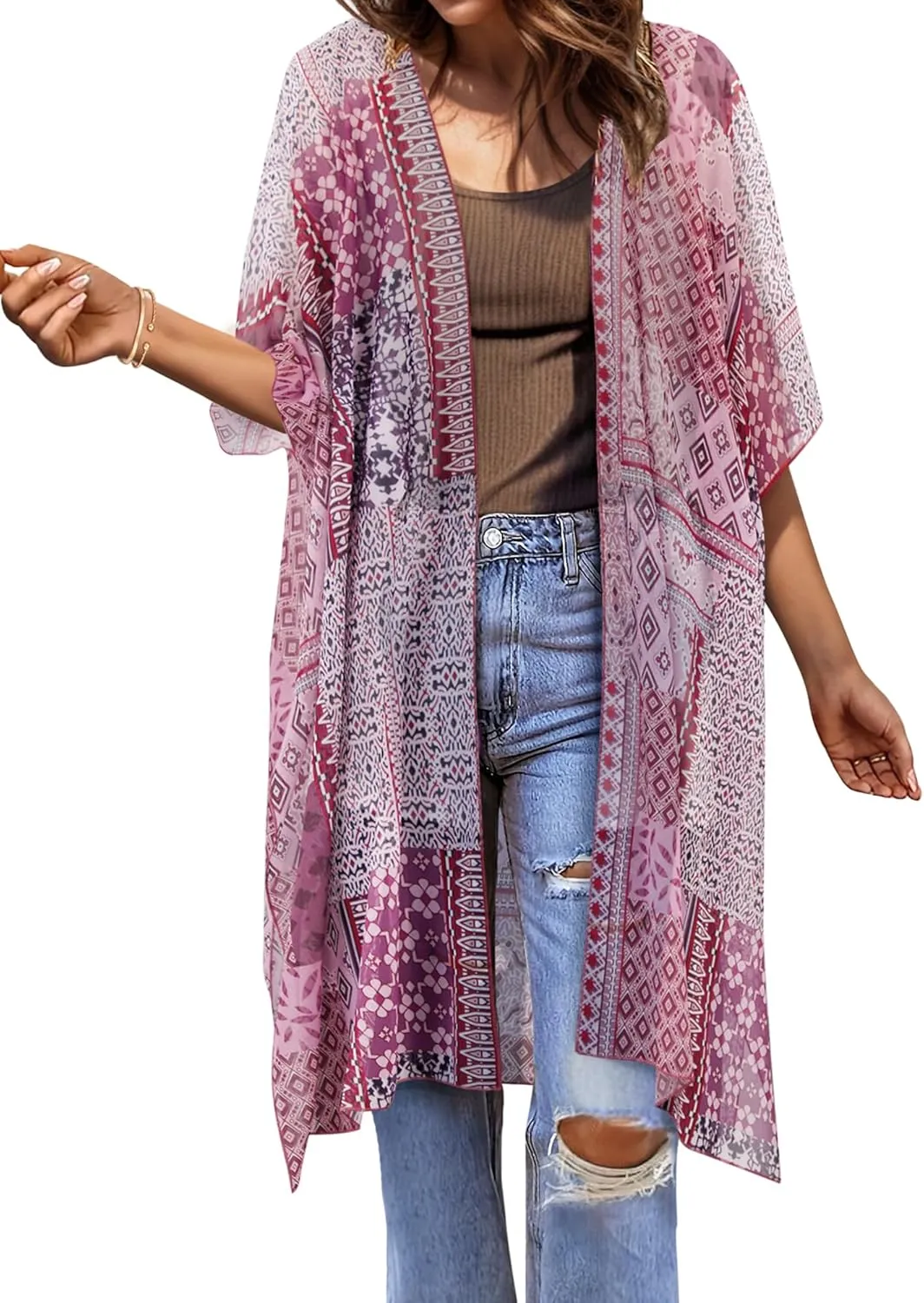 BB&KK Women Kimono Cardigans Casual Summer Tops Beach Cover up Open Front Floral Print Chiffon Loose Bikini Cover Ups