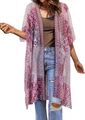 BB&KK Women Kimono Cardigans Casual Summer Tops Beach Cover up Open Front Floral Print Chiffon Loose Bikini Cover Ups