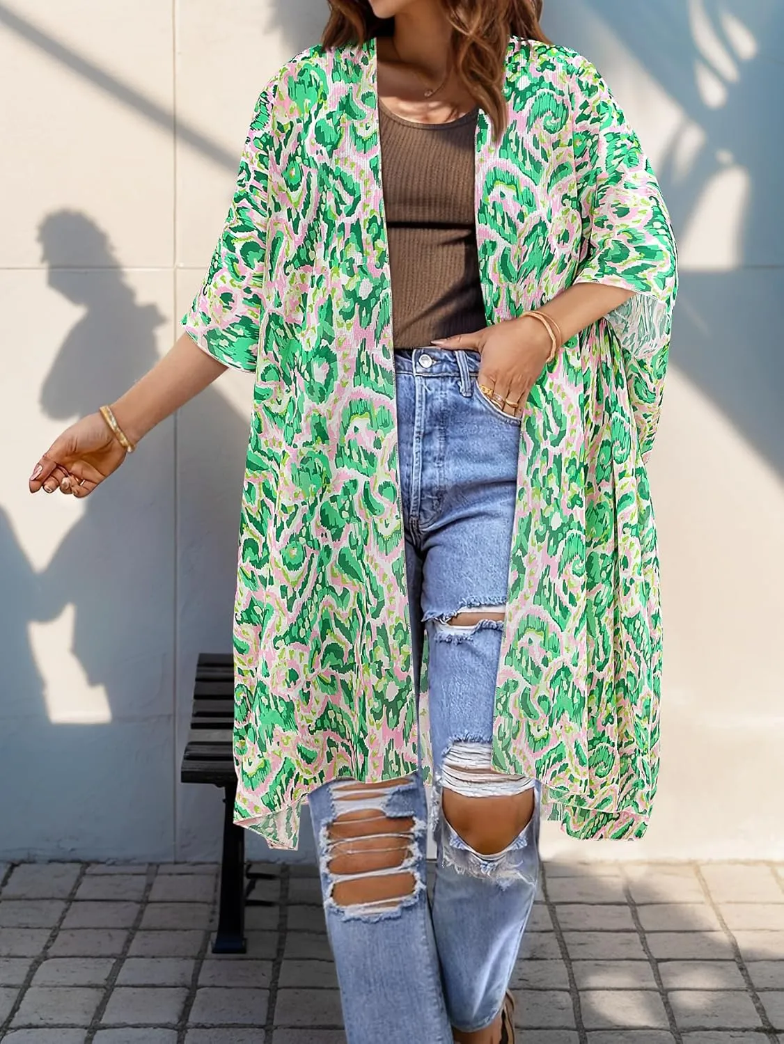 BB&KK Women Kimono Cardigans Casual Summer Tops Beach Cover up Open Front Floral Print Chiffon Loose Bikini Cover Ups