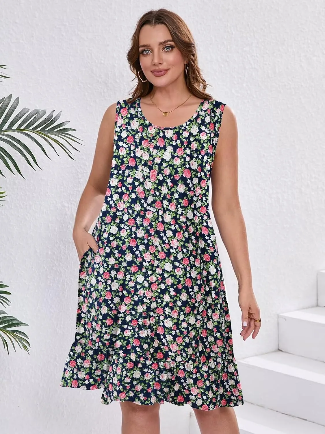 BELAROI Plus Size Sundress Casual Summer Loose Tank Dress Beach Cover Ups Vacation Outfits Pockets Ruffle Hem