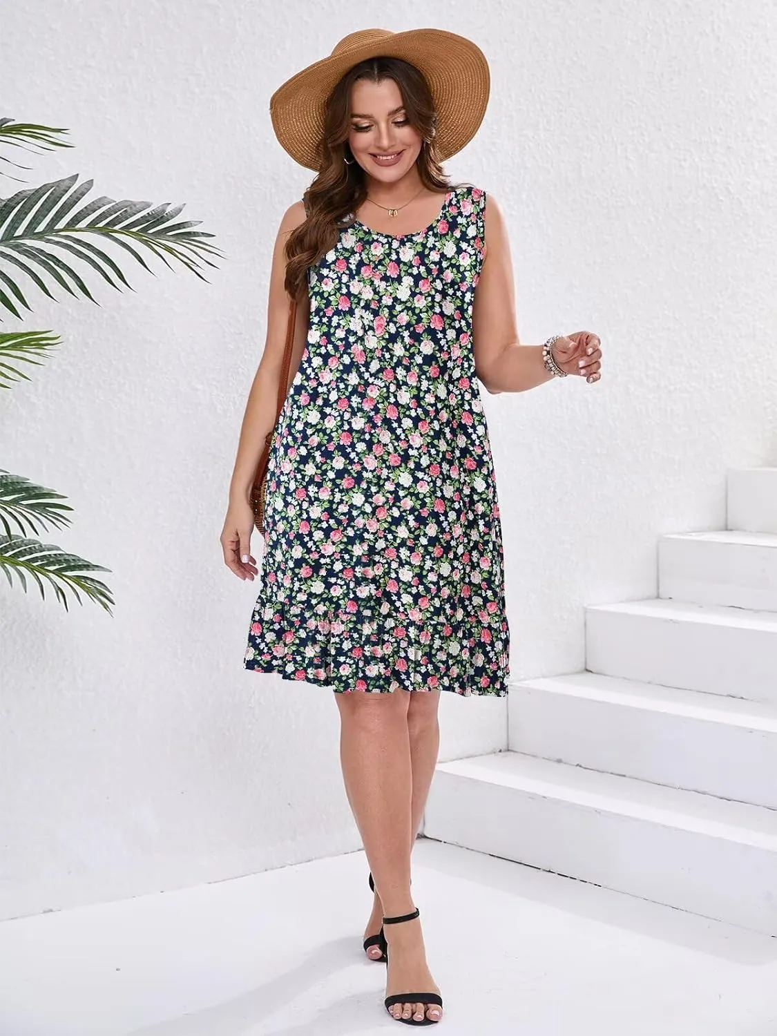 BELAROI Plus Size Sundress Casual Summer Loose Tank Dress Beach Cover Ups Vacation Outfits Pockets Ruffle Hem