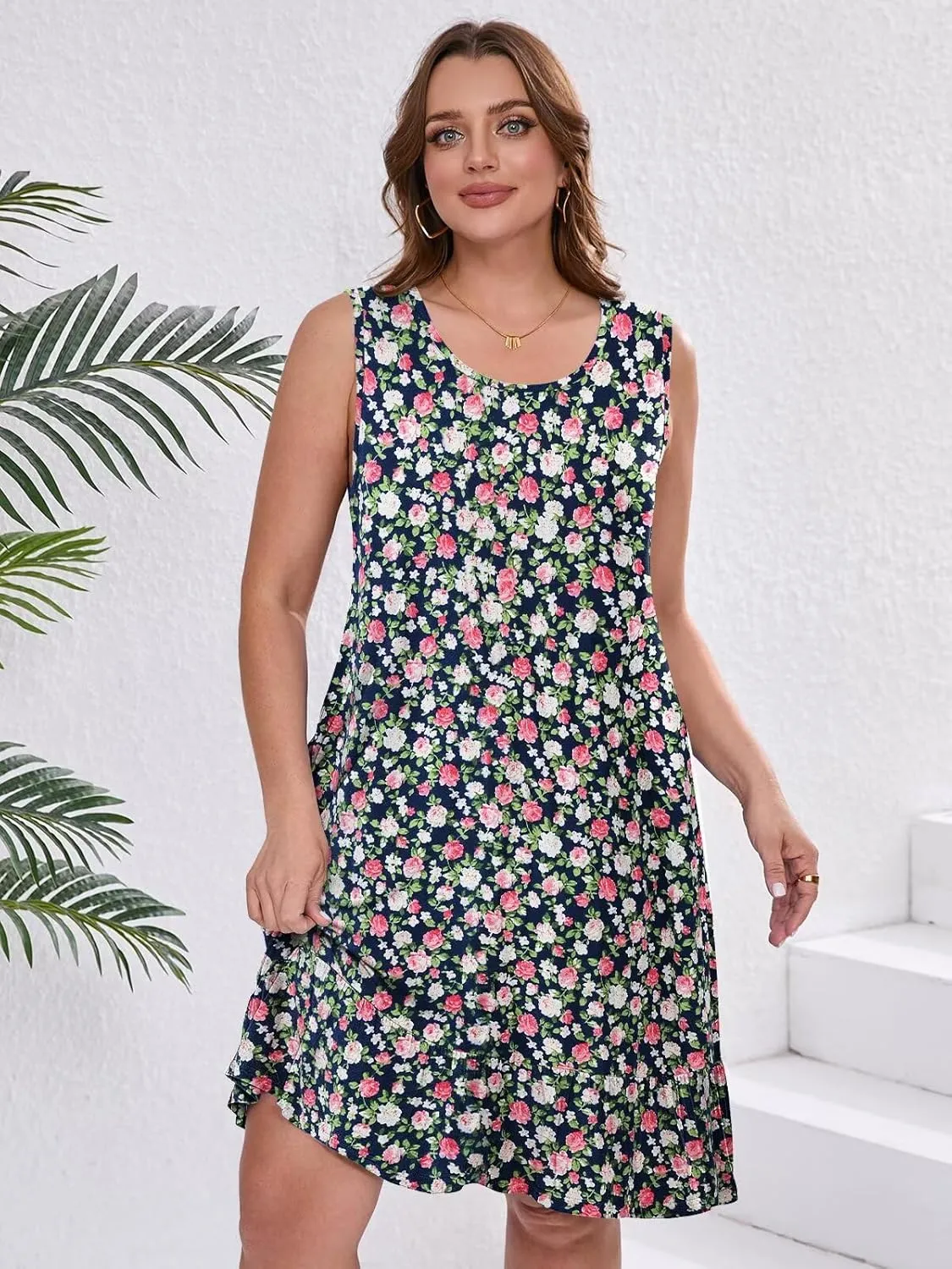 BELAROI Plus Size Sundress Casual Summer Loose Tank Dress Beach Cover Ups Vacation Outfits Pockets Ruffle Hem