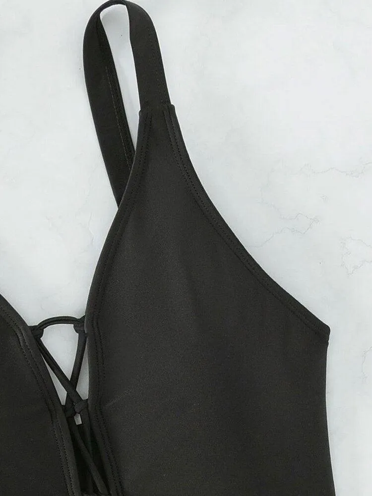 Black Cross Strapped Backless Bathing Suit