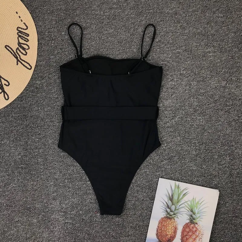 Black Plain Belt High Rise High Cut Swimsuits