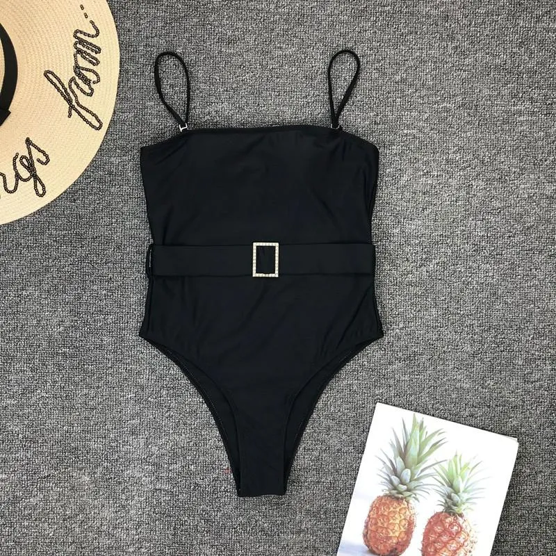 Black Plain Belt High Rise High Cut Swimsuits