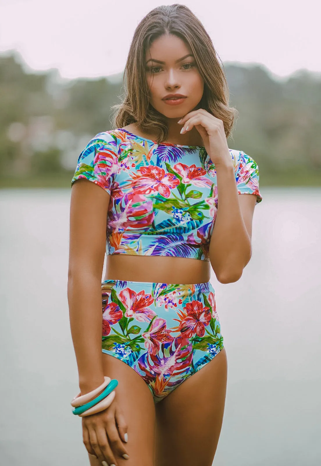 Blue Floral Crop Top Bikini