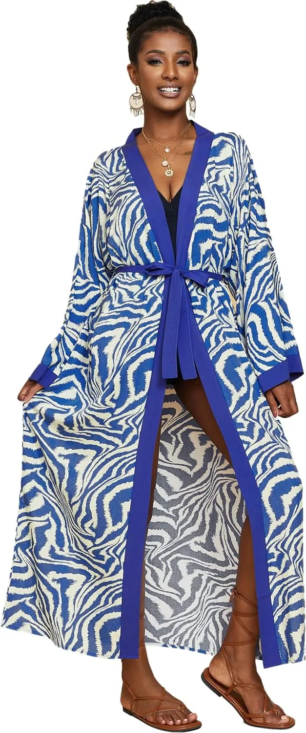 Blue Zebra Kimonos for Women Duster Kimono Beach Boho Kimono Beach Cover up animal Print Long Kimonos Open Front Plus Size Kimono Swimsuit Cover ups Kimono Robes Cardigans dusters 8733-2