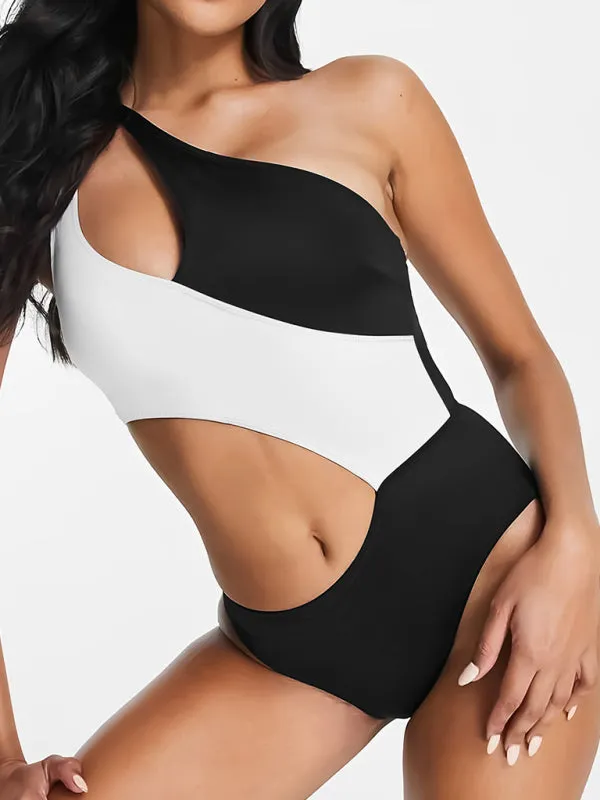 Blue Zone Planet |  Black and white contrasting color cut out one shoulder swimsuit