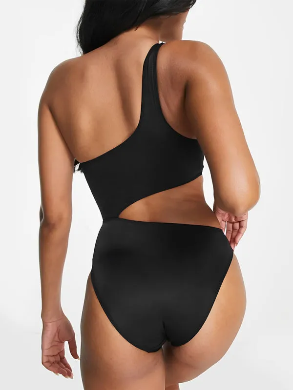 Blue Zone Planet |  Black and white contrasting color cut out one shoulder swimsuit
