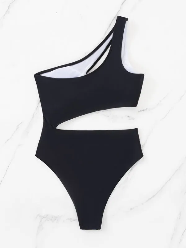 Blue Zone Planet |  Black and white contrasting color cut out one shoulder swimsuit
