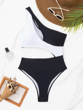 Blue Zone Planet |  Black and white contrasting color cut out one shoulder swimsuit