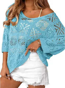 Bluetime Women Off Shoulder Tops Casual 3/4 Sleeve Hollow Out Crochet Sweaters Lightweight Oversized Knit Tops
