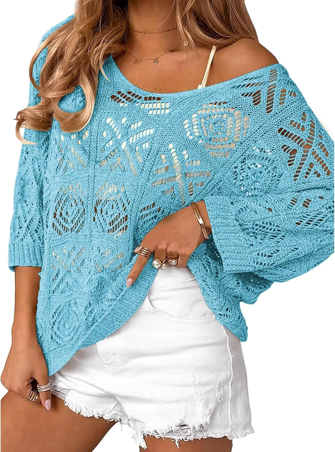 Bluetime Women Off Shoulder Tops Casual 3/4 Sleeve Hollow Out Crochet Sweaters Lightweight Oversized Knit Tops