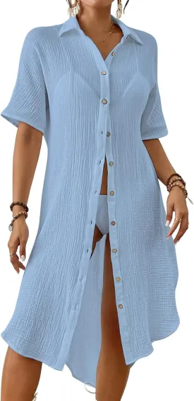 Bsubseach 2025 Cotton Beach Cover Up for Women - Long Button Down Swimsuit Coverup Bathing Suit Shirt Dress Vacation Outfits