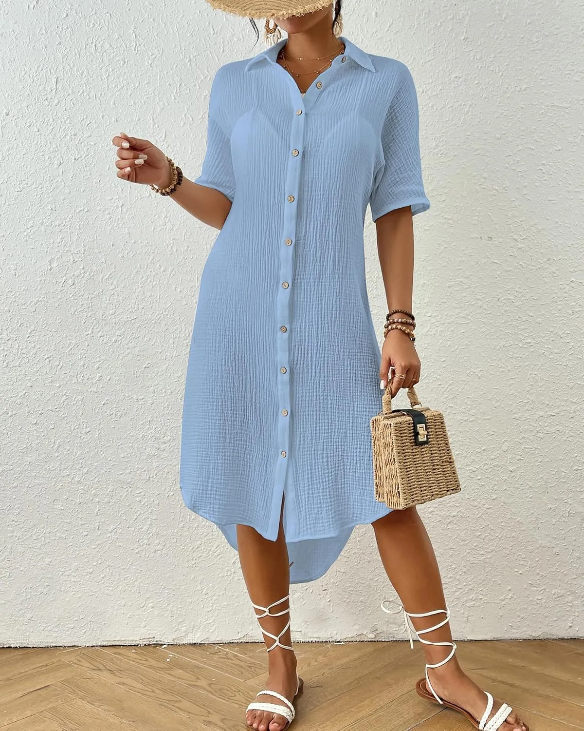 Bsubseach 2025 Cotton Beach Cover Up for Women - Long Button Down Swimsuit Coverup Bathing Suit Shirt Dress Vacation Outfits
