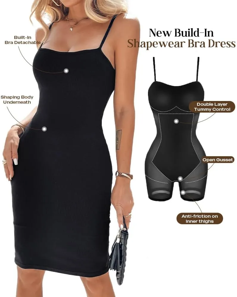 Built-in Removable Shapewear Bra Pad Bodycon Midi Dress Knitted Ribbed Square Neck Short Sleeve Basic Party Dresses