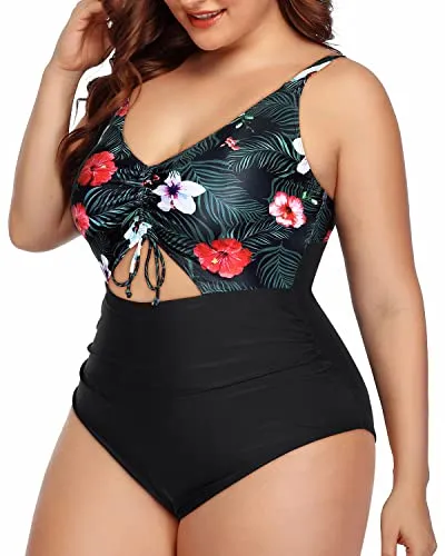 Chic Drawstring V Neck Monokini Swimsuit-Black Floral