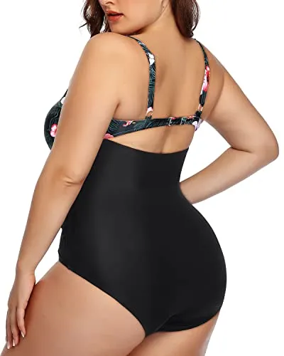 Chic Drawstring V Neck Monokini Swimsuit-Black Floral