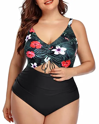 Chic Drawstring V Neck Monokini Swimsuit-Black Floral