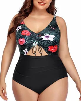 Chic Drawstring V Neck Monokini Swimsuit-Black Floral