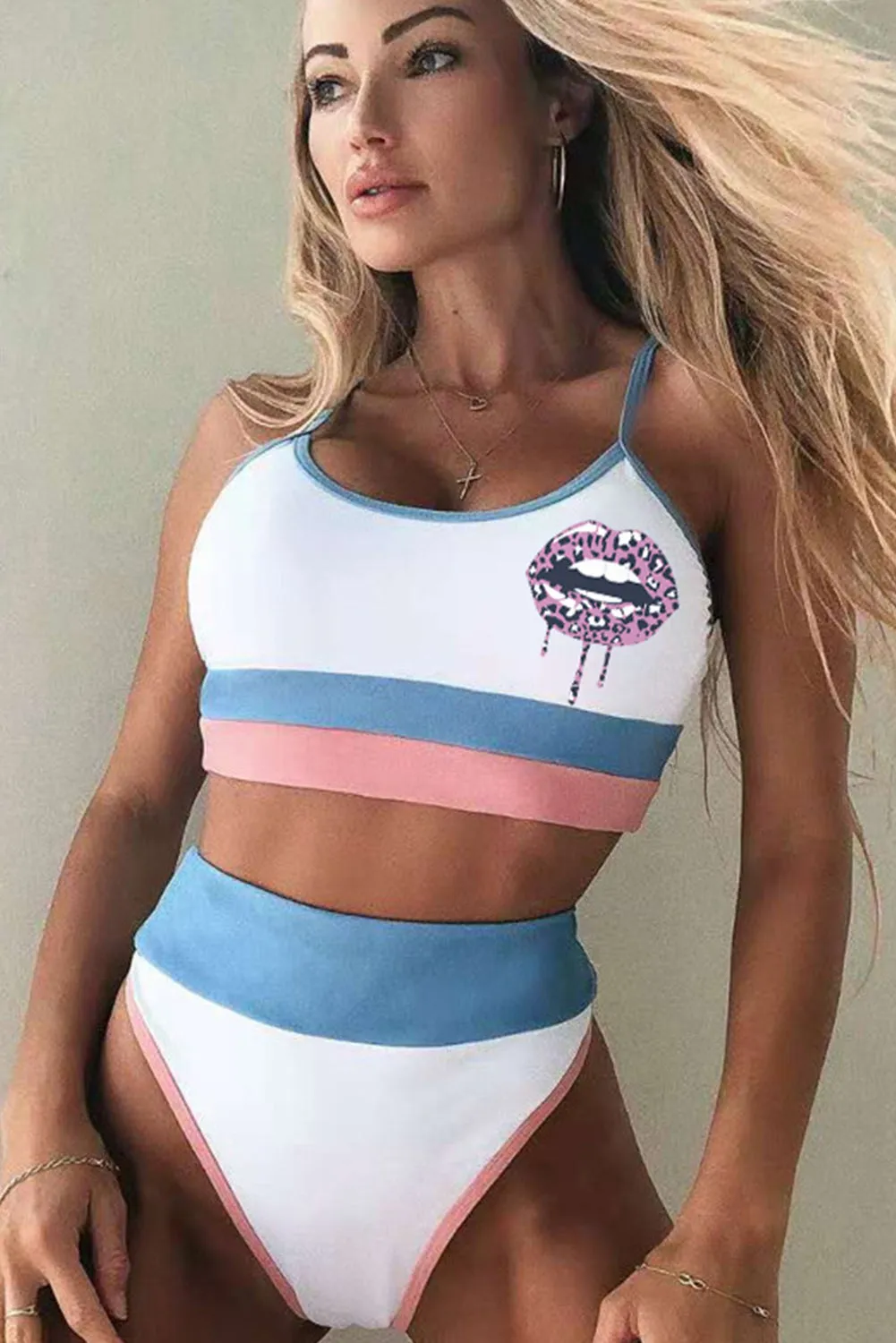 Color Block Leopard Lip Shape Print  High Waist Bikini Swimsuit