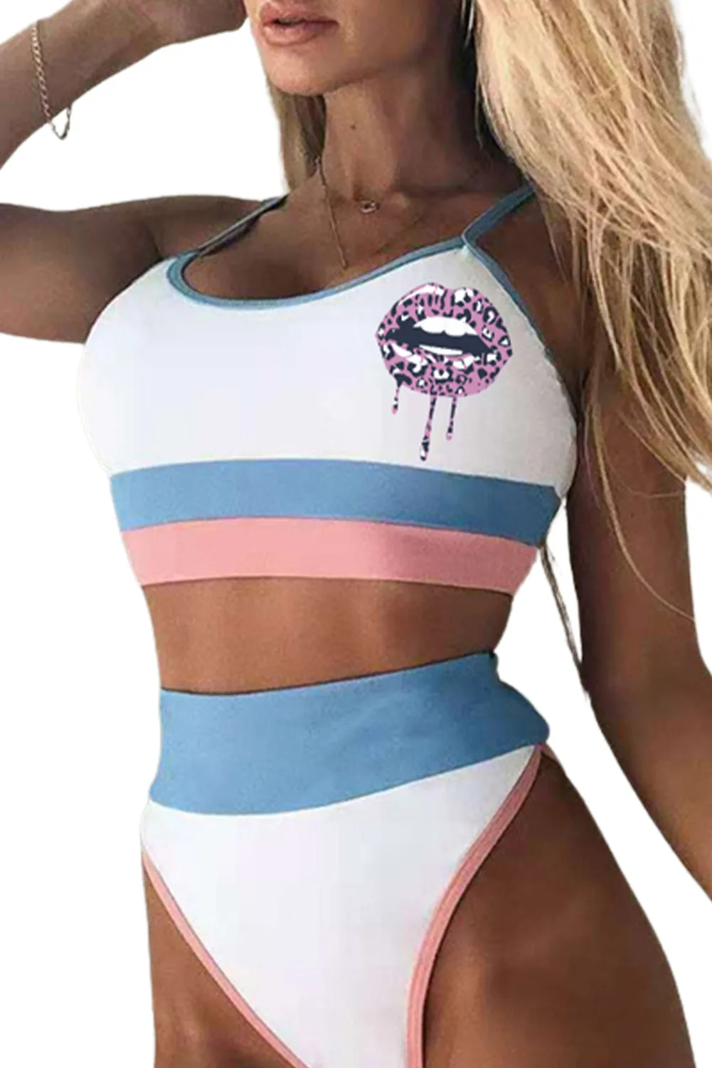 Color Block Leopard Lip Shape Print  High Waist Bikini Swimsuit