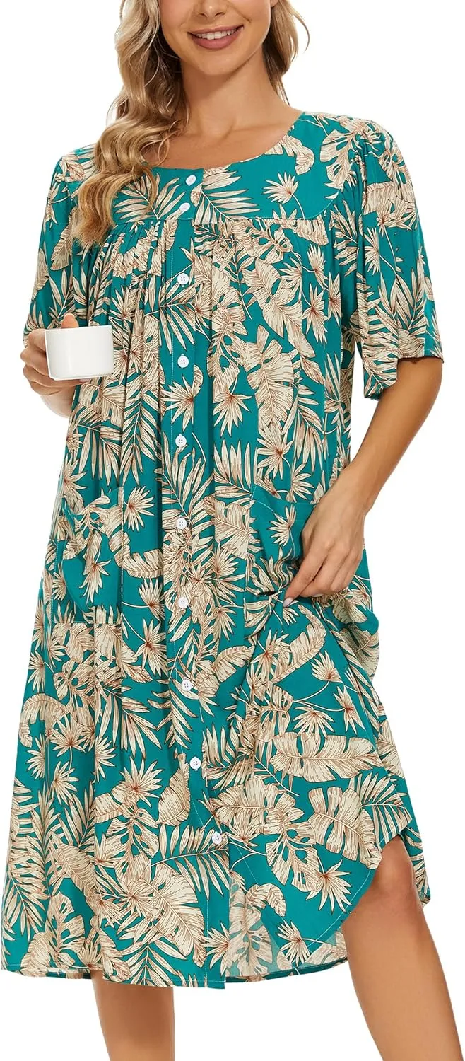 COSUNIONY House Dresses for Women Cotton Short Sleeve House Coat Buttons Down Dusters Robe with Pockets S-XXL