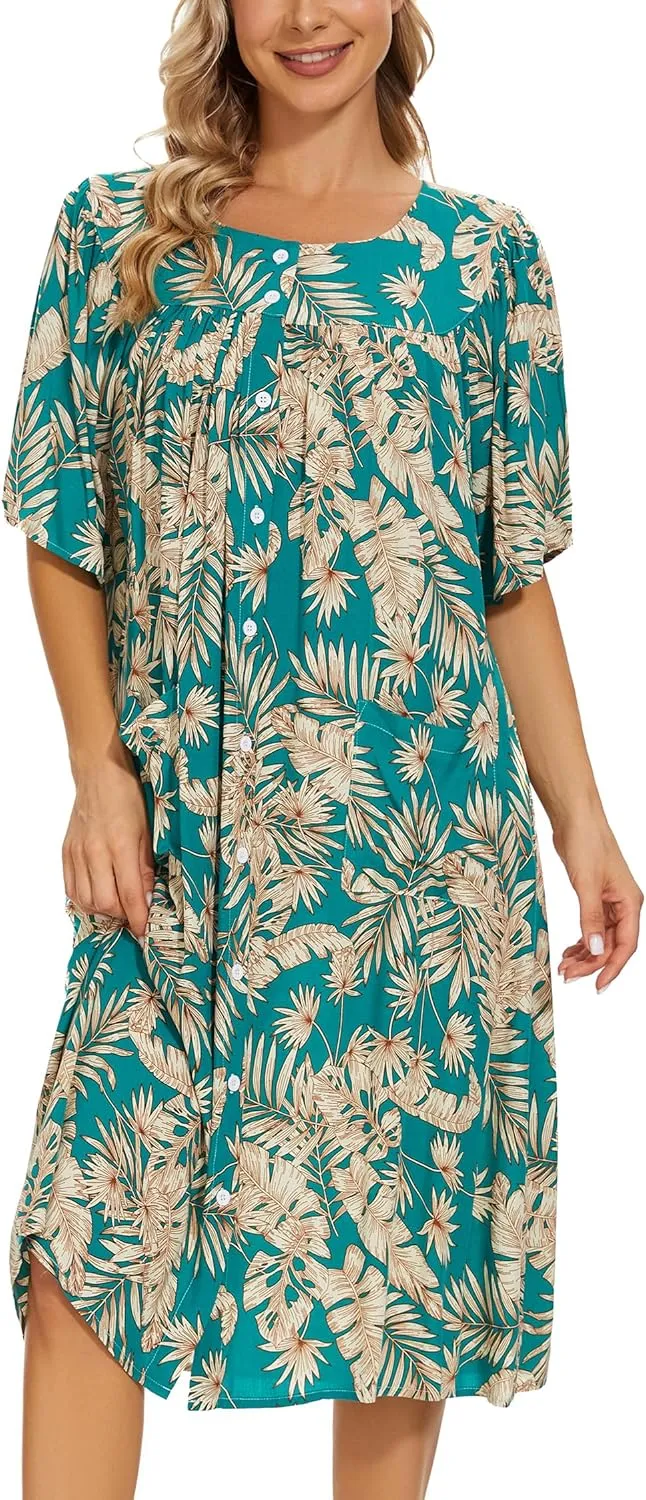 COSUNIONY House Dresses for Women Cotton Short Sleeve House Coat Buttons Down Dusters Robe with Pockets S-XXL