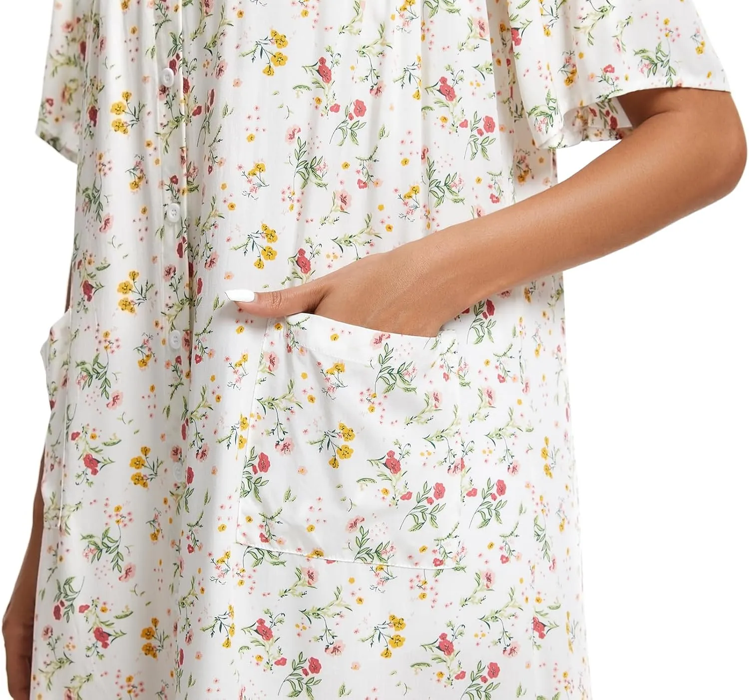 COSUNIONY House Dresses for Women Cotton Short Sleeve House Coat Buttons Down Dusters Robe with Pockets S-XXL